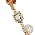 Gold diamond square watch with gold-toned braided metal strap and diamond-encrusted bezel vintage fringe style