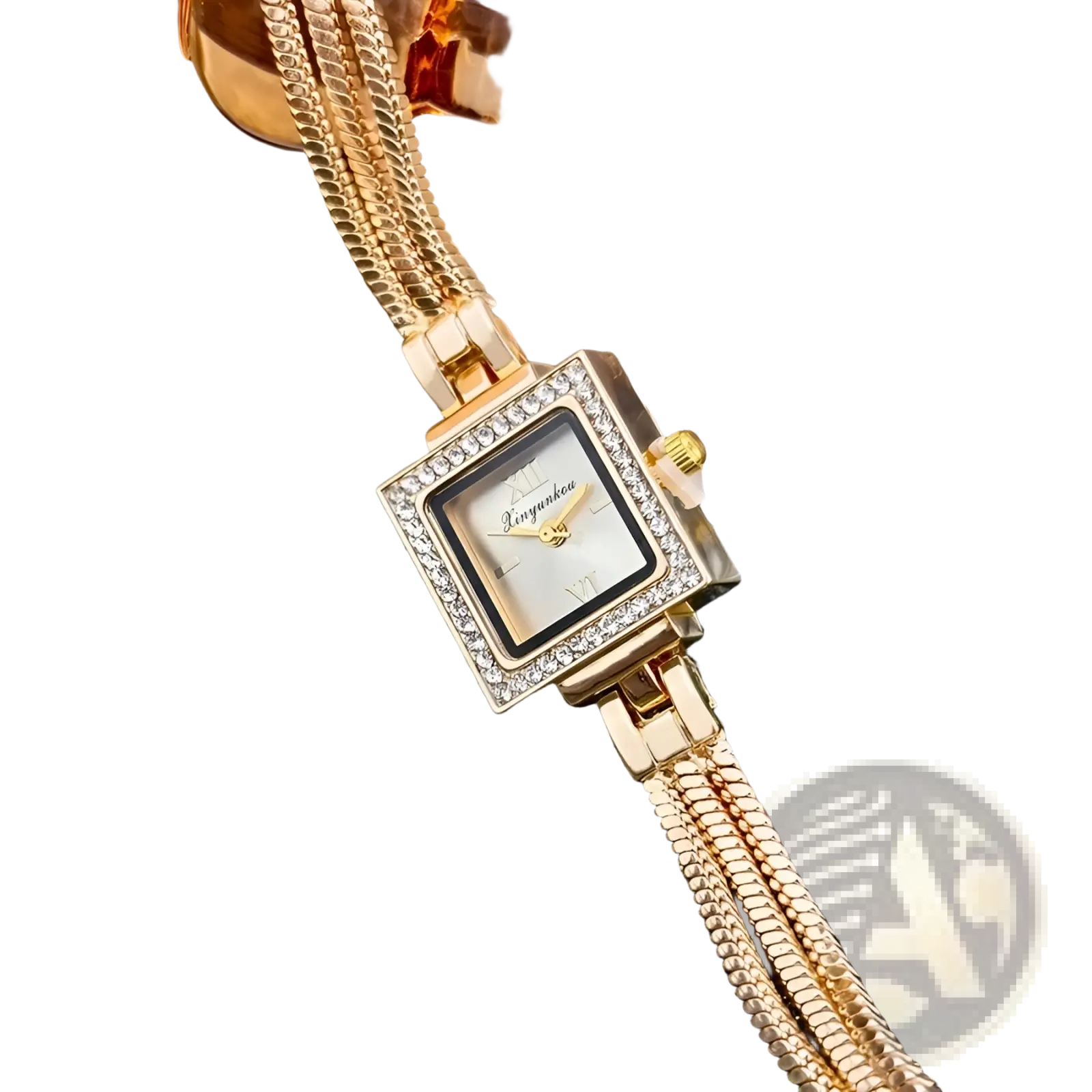 Gold diamond square watch with gold-toned braided metal strap and diamond-encrusted bezel vintage fringe style