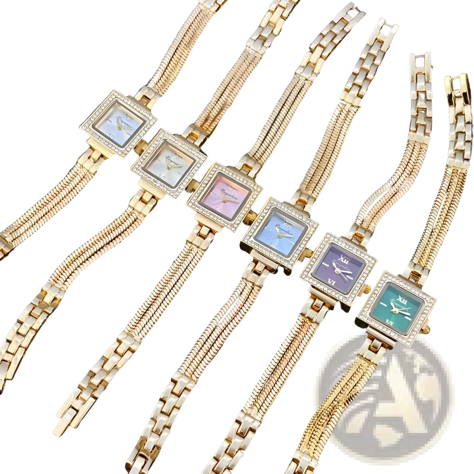 Gold diamond square watch with gold-toned jeweled bezel and braided metal strap in pastel pink blue purple and green dials
