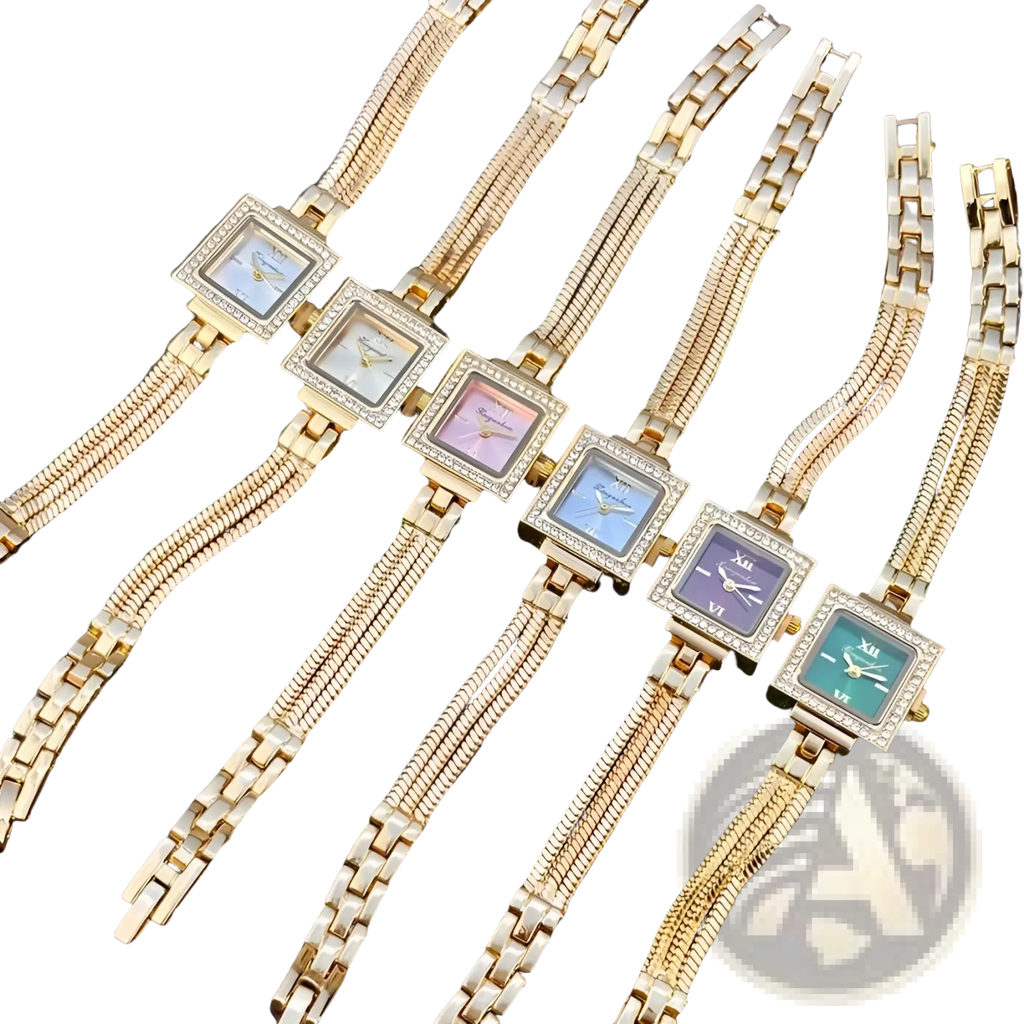 Gold diamond square watch vintage fringe strap with gold-toned jeweled bezel and pastel braided metal strap dials