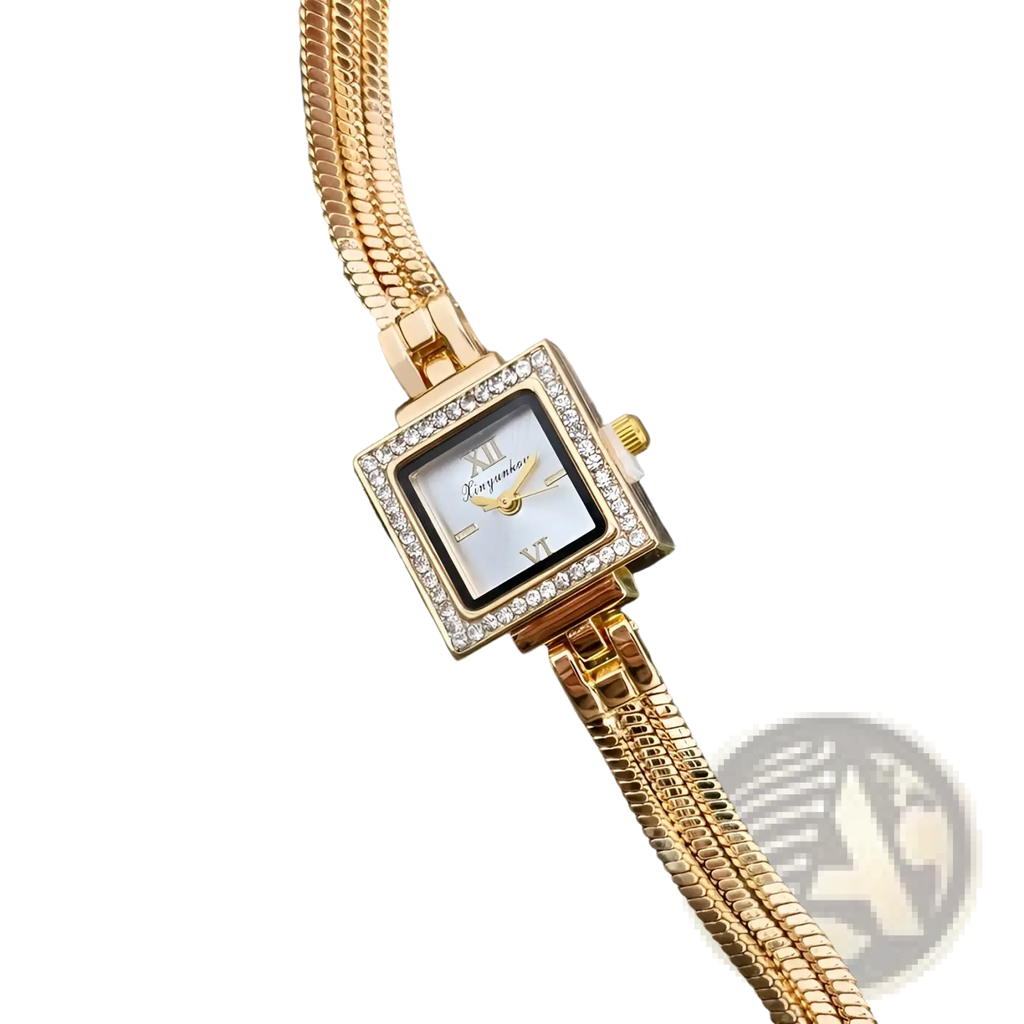 Gold diamond square watch with gold-toned diamond bezel roman numerals and ornate snake-like metal bracelet