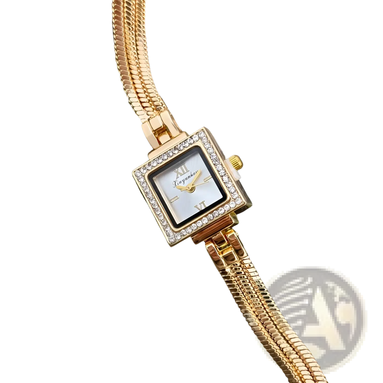 Gold diamond square watch with gold-toned diamond bezel roman numerals and ornate snake-like metal bracelet