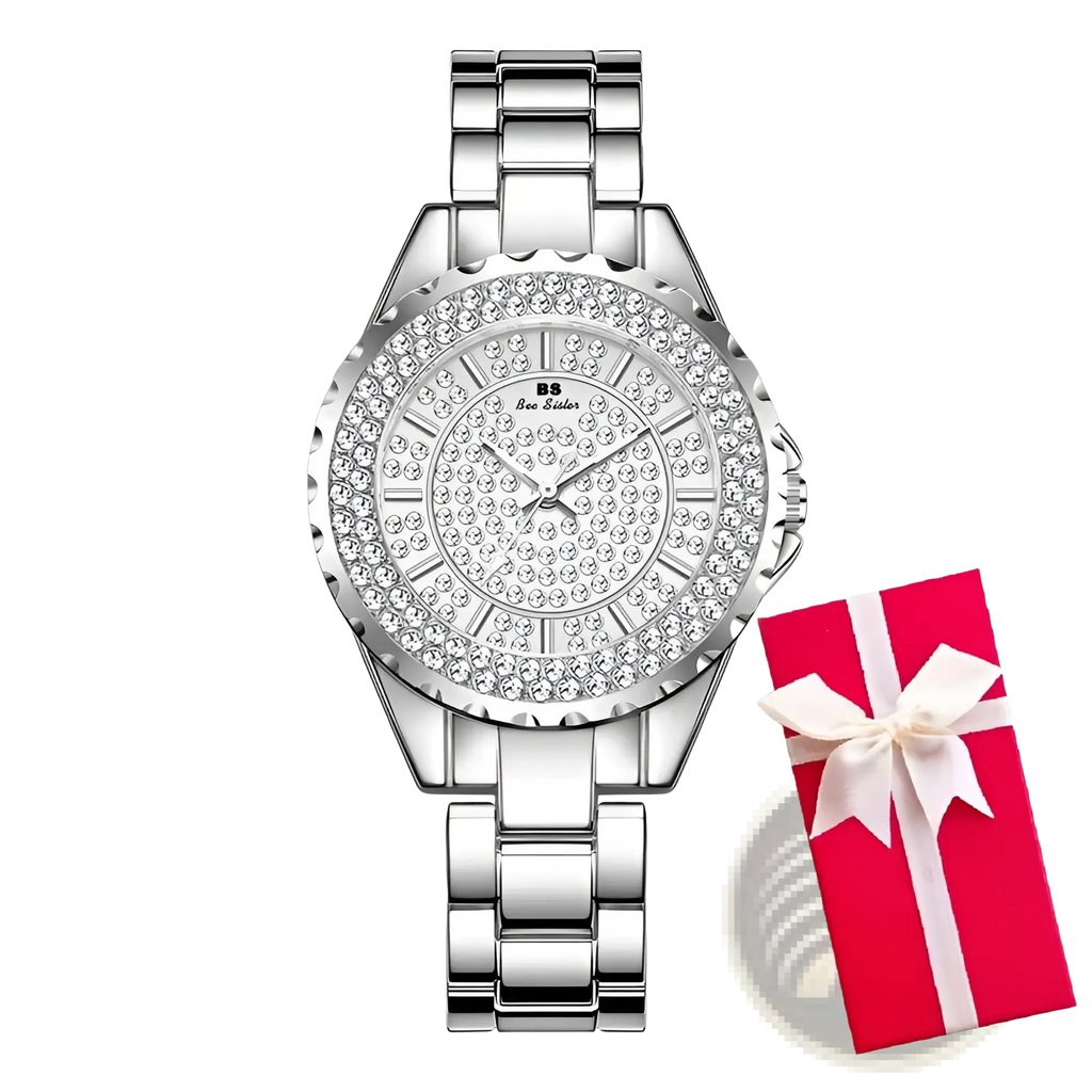 Gold diamond women dress watch with a silver diamond-encrusted face and sleek stainless steel band with minimalist dial