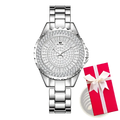 Gold diamond women dress watch with a silver diamond-encrusted face and sleek stainless steel band with minimalist dial