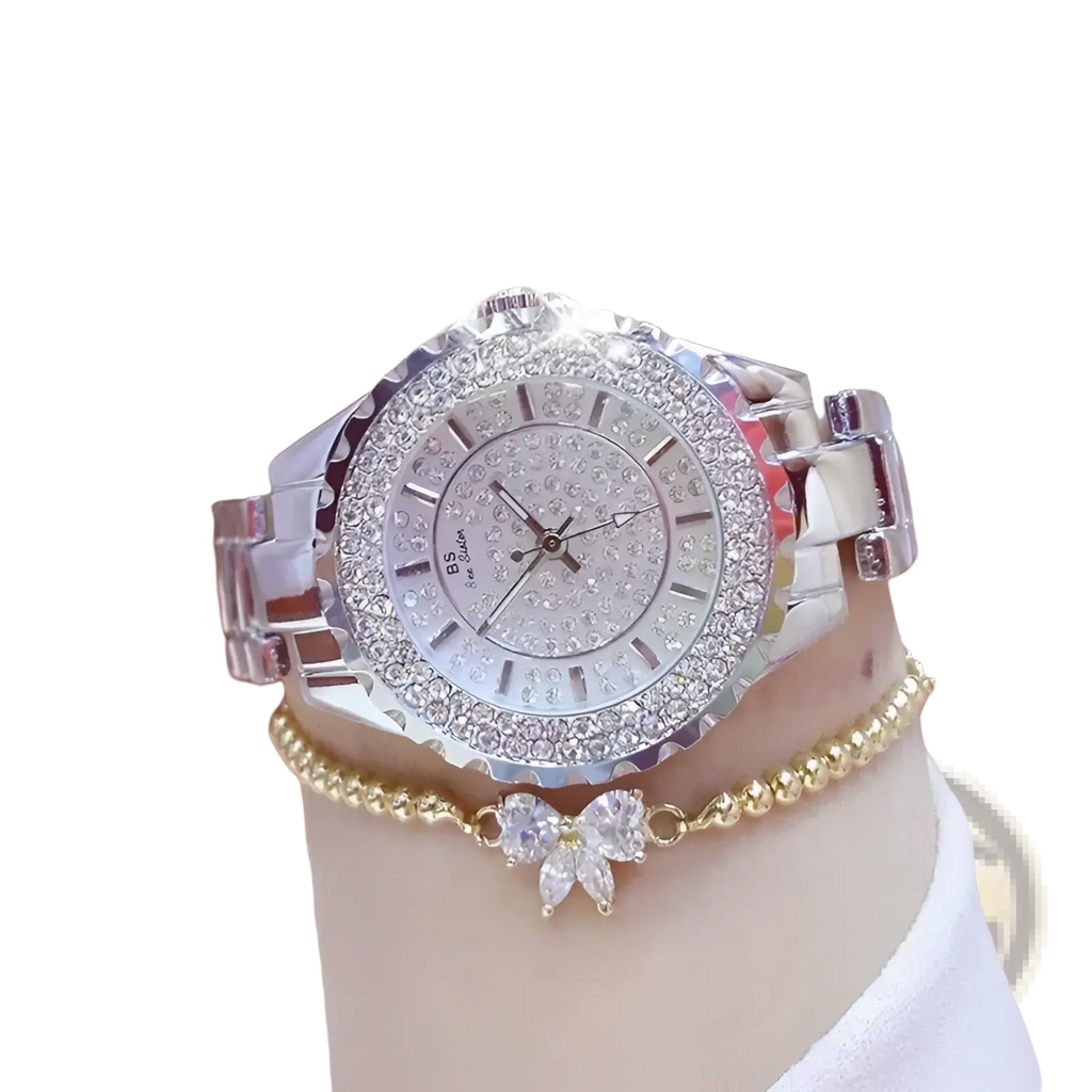 Gold diamond women dress watch featuring a sparkling silver diamond-encrusted bezel and sleek metallic band