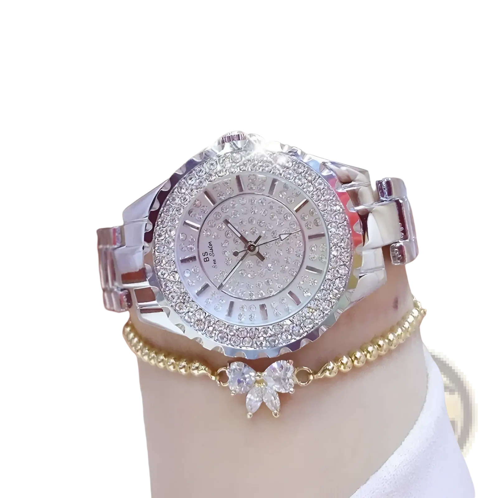 Gold diamond women dress watch featuring a sparkling silver diamond-encrusted bezel and sleek metallic band