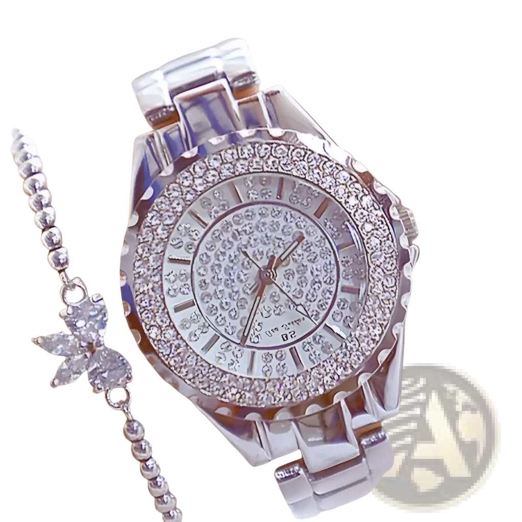 A gold diamond women dress watch with a sparkling silver diamond-studded face and crystal-adorned band