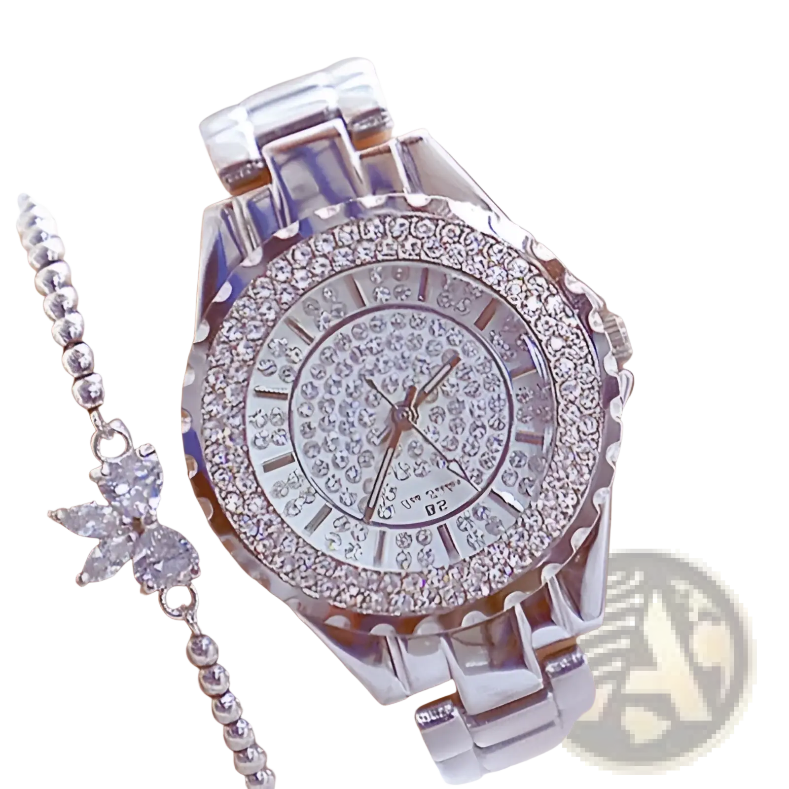 A gold diamond women dress watch with a sparkling silver diamond-studded face and crystal-adorned band