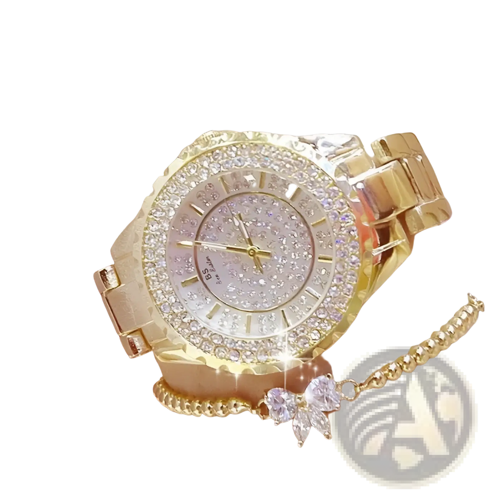 Gold tone women dress watch with sparkling diamond encrusted face and matching bracelet accented by clear crystals