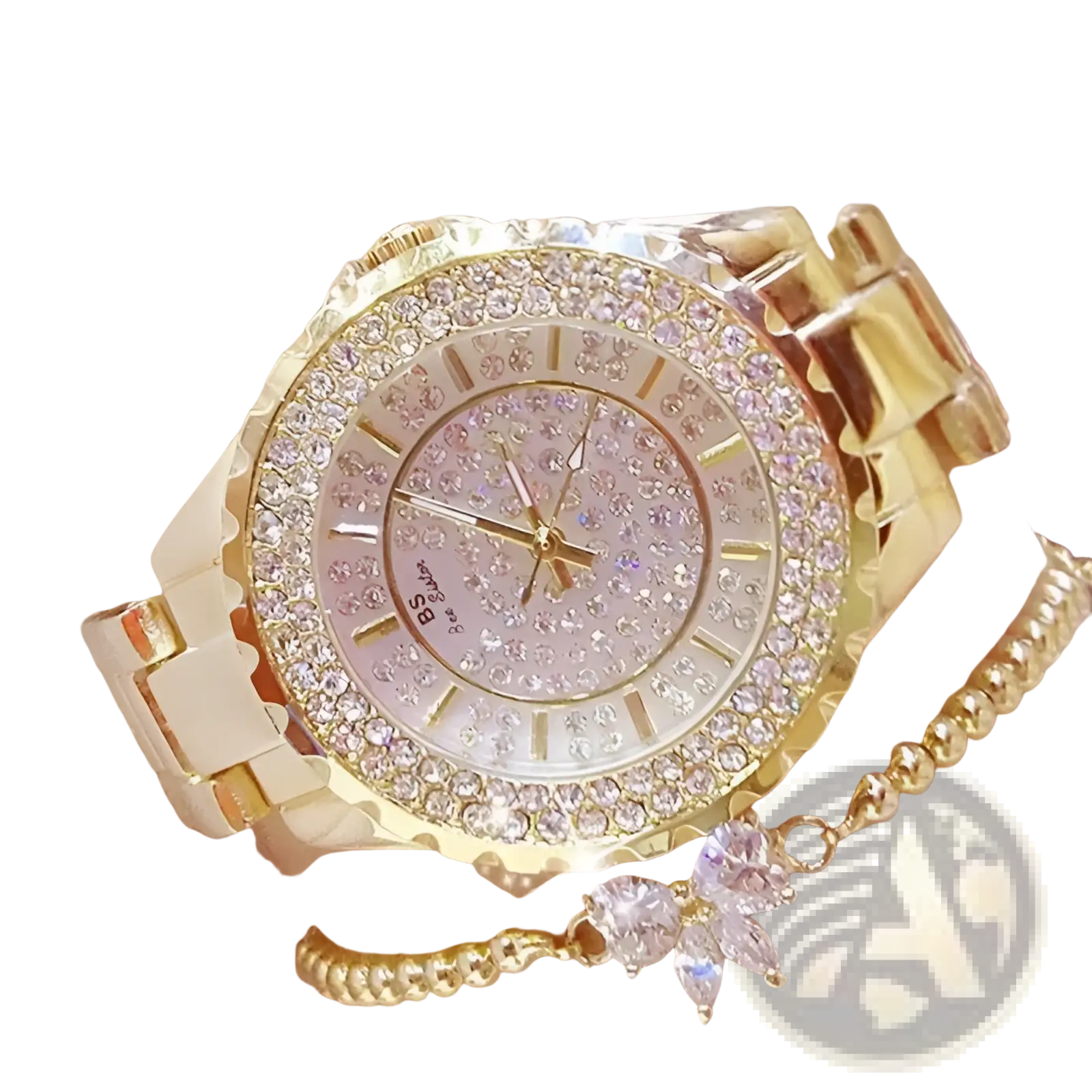 Gold diamond women dress watch with gold-tone diamond-encrusted face and matching jeweled bracelet