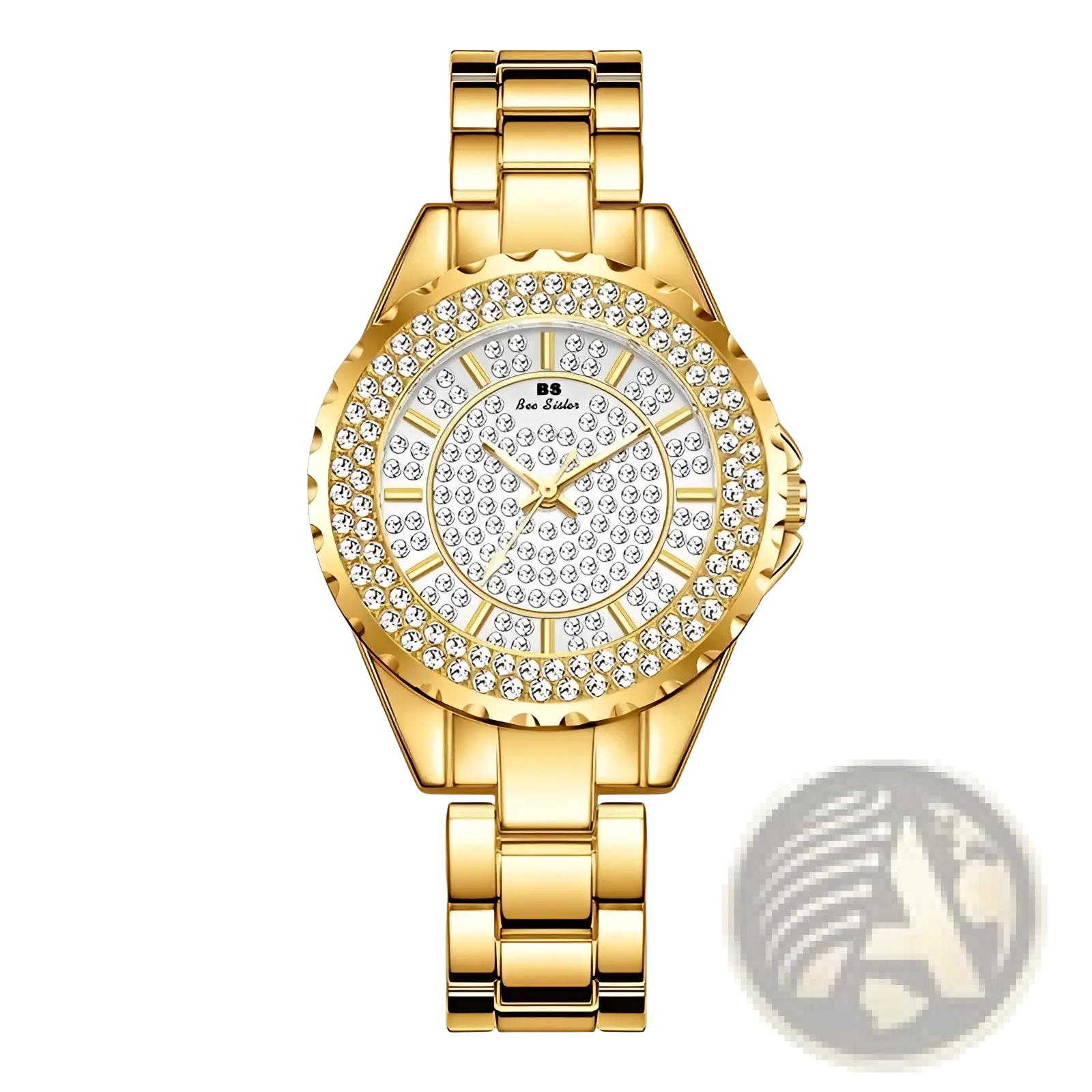 Gold diamond women dress watch in gold-tone stainless steel with a sparkling diamond-encrusted bezel and b&s logo
