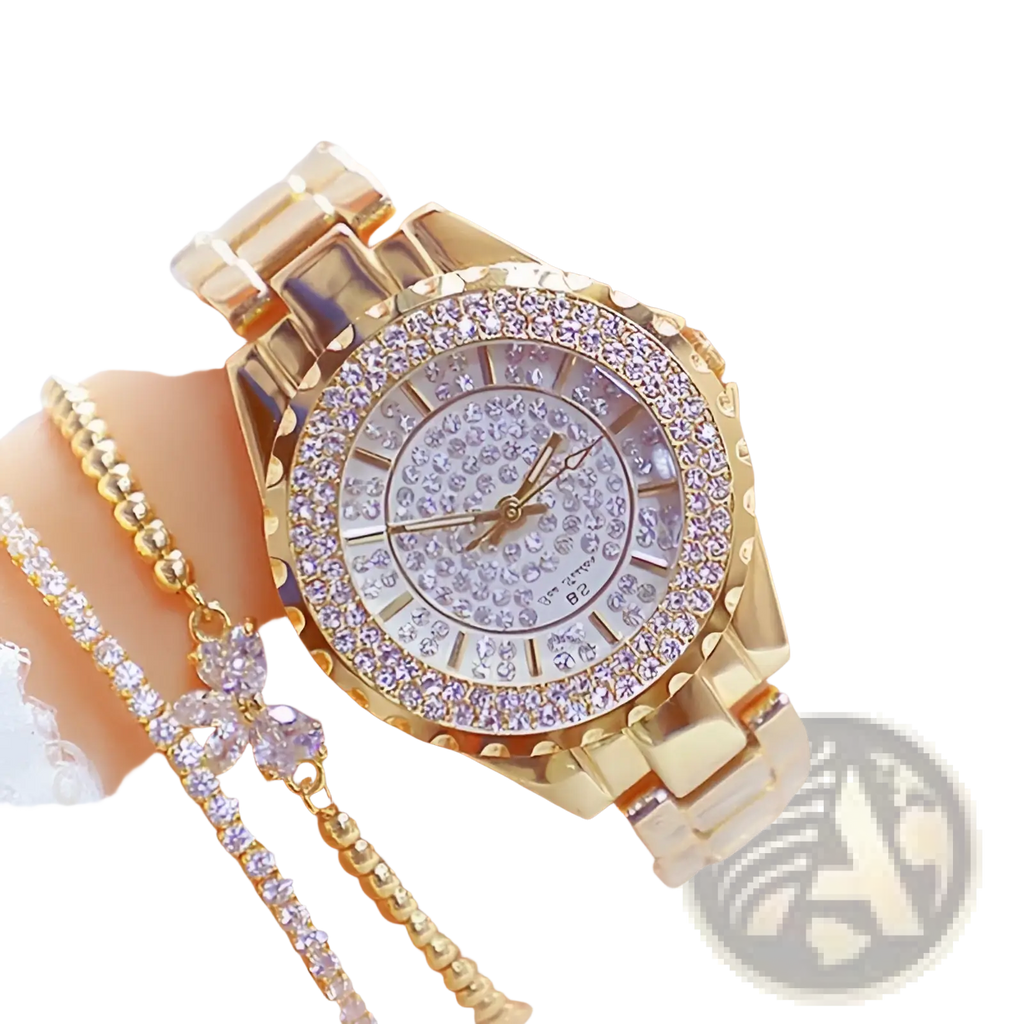 Gold diamond women dress watch with gold-toned roman numeral dial and diamond-studded face and matching bracelet