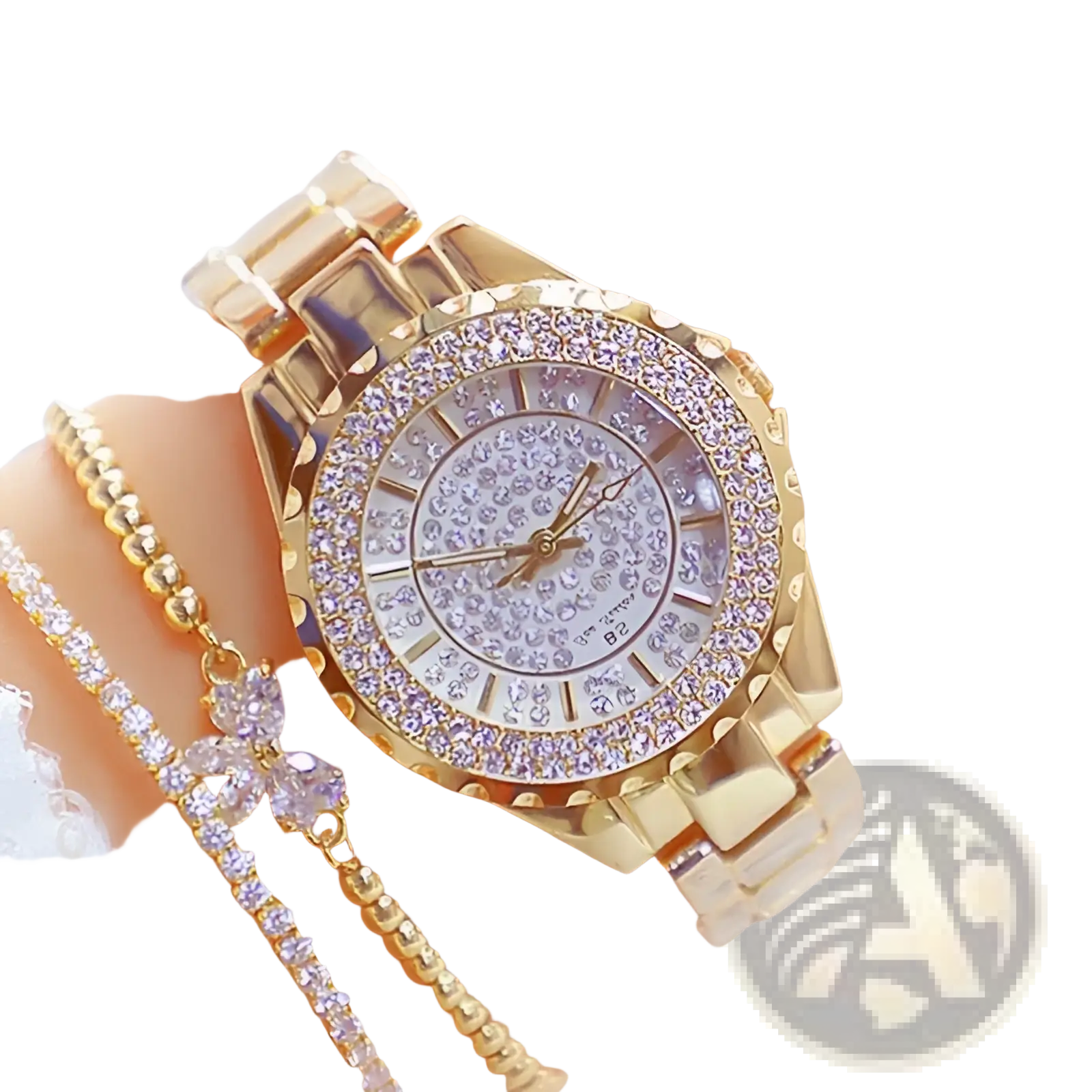 Gold diamond women dress watch with gold-toned roman numeral dial and diamond-studded face and matching bracelet