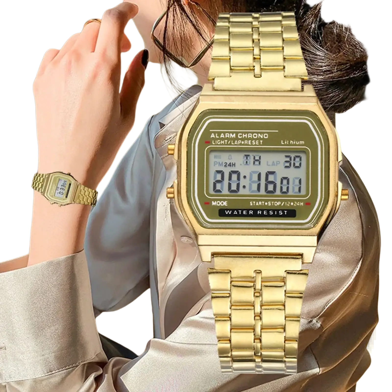 Gold digital stainless steel women watch with rectangular face and metallic link bracelet for elegant wear