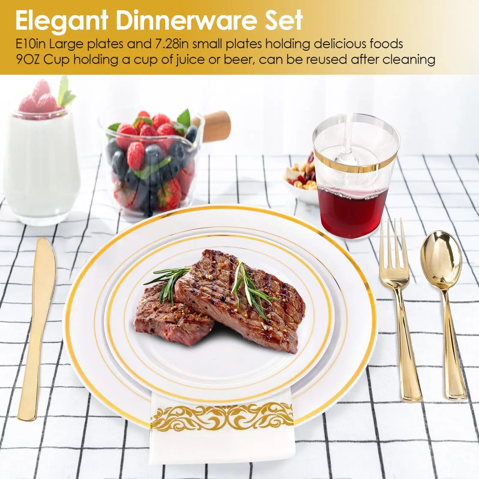 Elegant 175 piece gold disposable dinnerware set with white plates featuring gold rims and matching gold flatware for 25