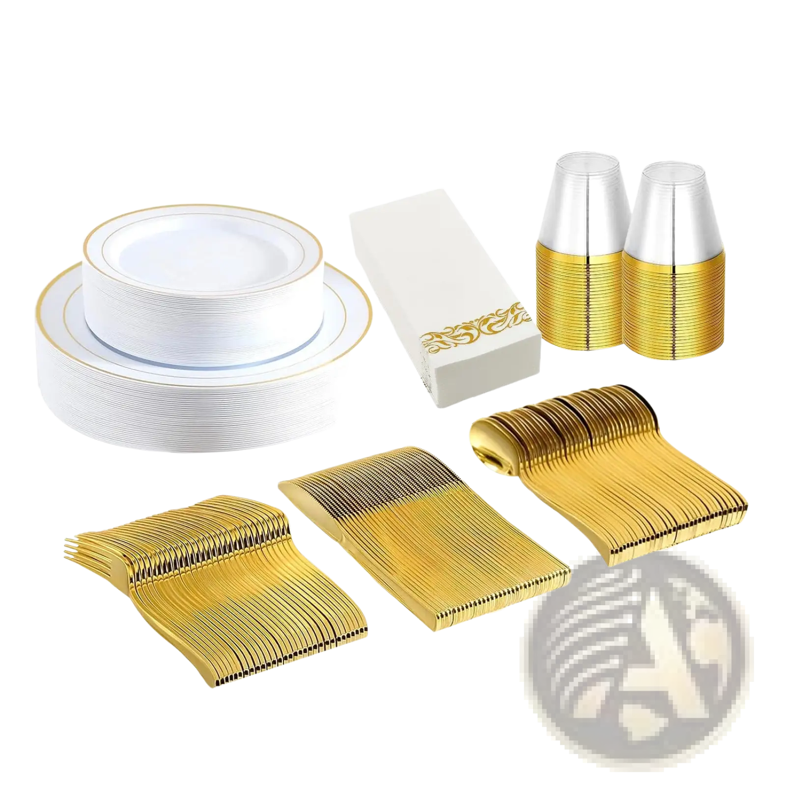 Gold and white disposable partyware set with elegant gold trim includes plates cups forks knives and napkins for 25 users