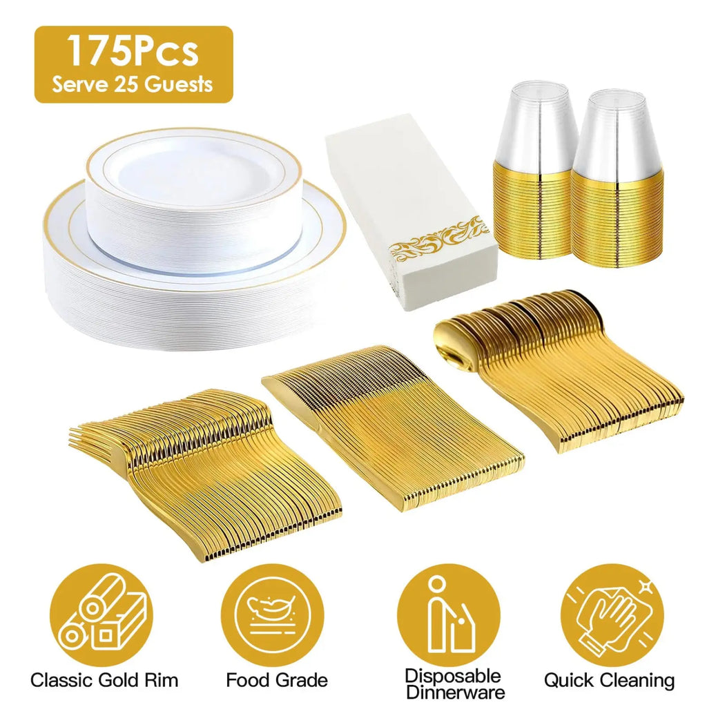 White plates with a classic gold rim from a 175-piece disposable dinnerware set for serving 25 guests