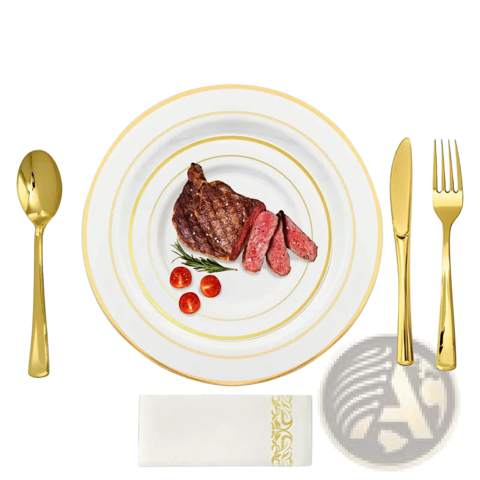 White plate with gold concentric rings and rim from gold dinnerware set 175pcs disposable service for 25 elegantly set