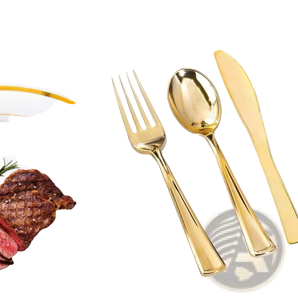 Gold plastic fork spoon and knife set with sleek shiny finish from gold dinnerware set 175pcs disposable service for 25