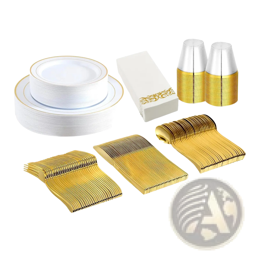 Stack of white plastic plates with gold rims from gold dinnerware set 175pcs disposable service for 25
