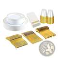 Stack of white plastic plates with gold rims from gold dinnerware set 175pcs disposable service for 25
