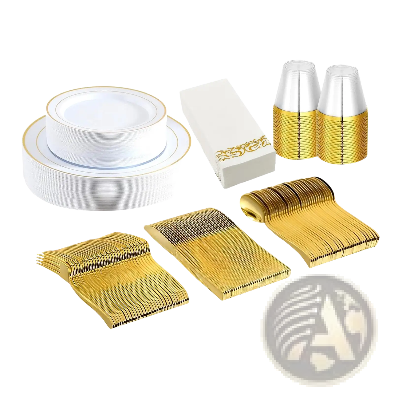 Stack of white plastic plates with gold rims from gold dinnerware set 175pcs disposable service for 25