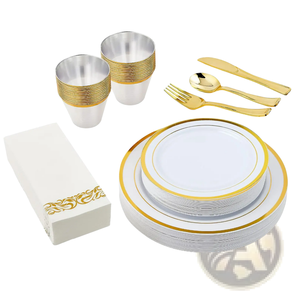 White plastic plates with gold rims and matching gold-trimmed disposable cups and cutlery in a 175pcs set