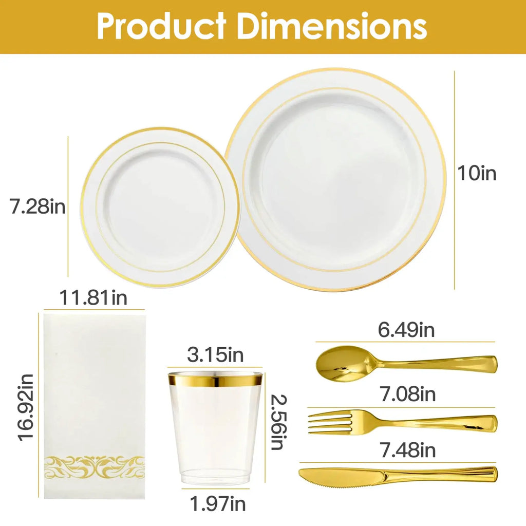 Gold dinnerware set 175pcs disposable service featuring white plastic plates gold rim clear plastic cups and gold cutlery