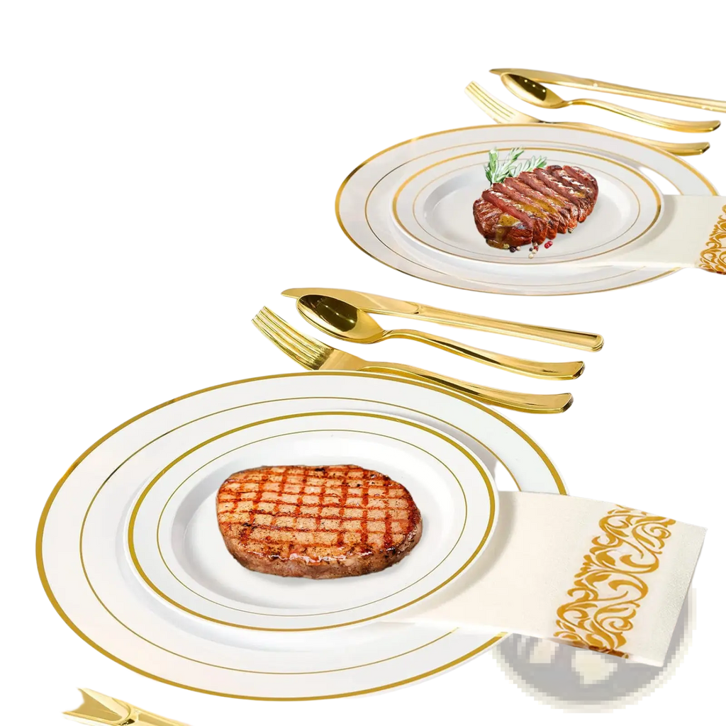 Elegant white disposable dinnerware set with gold rims and matching gold utensils for luxurious dining service for 25