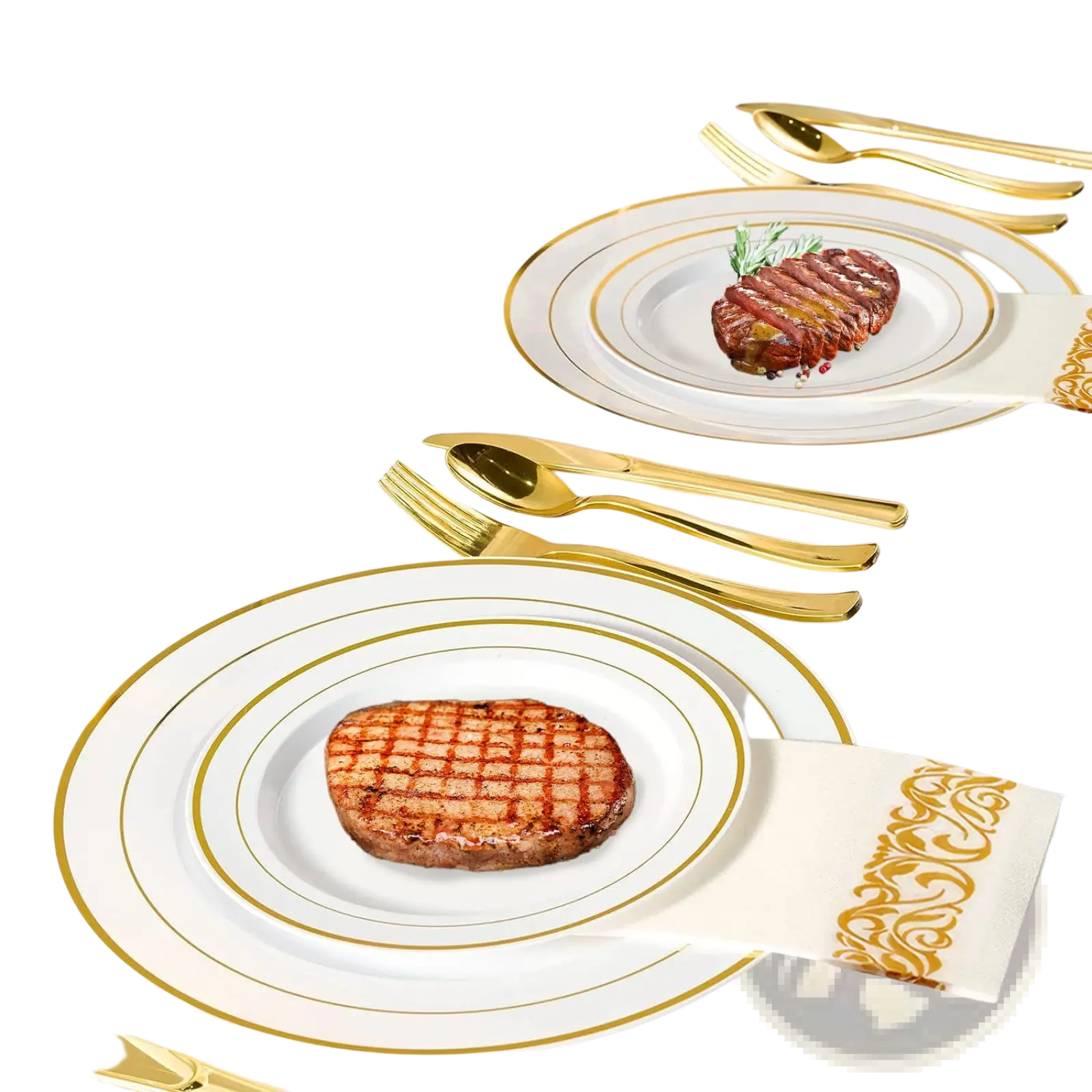 Elegant white disposable dinnerware set with gold rims and matching gold utensils for luxurious dining service for 25