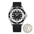 Black and silver aocsdiy dive watch with black rubber strap shown alongside gold dive watch green silicone chronograph
