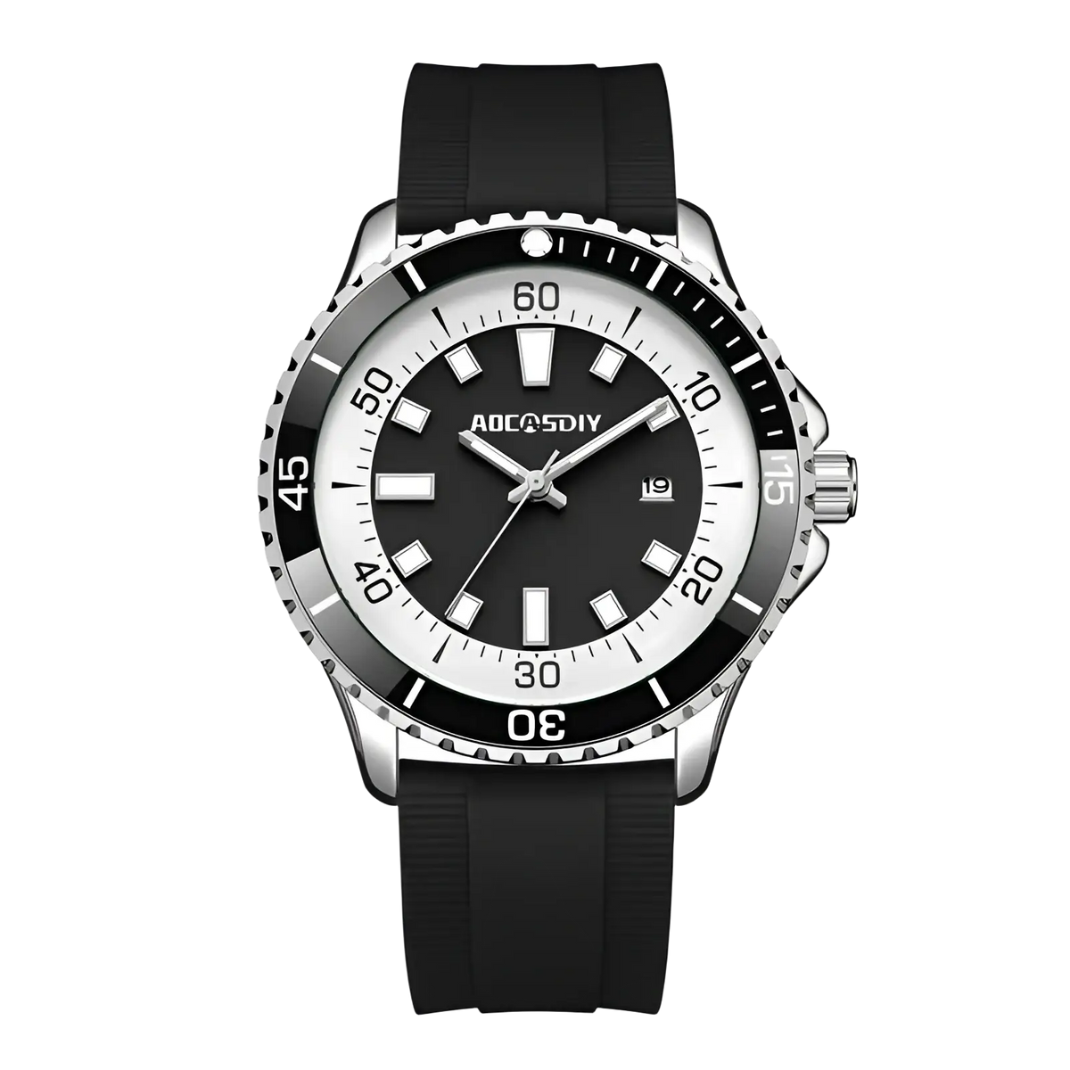 Black and silver aocsdiy dive watch with black rubber strap shown alongside gold dive watch green silicone chronograph