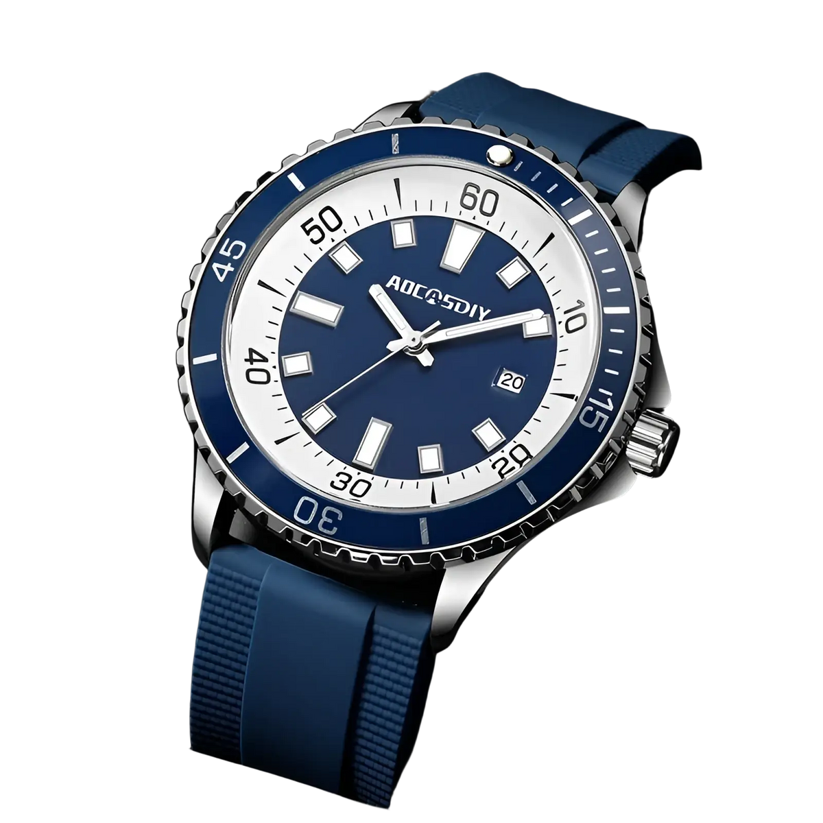 Blue and white aoc&sdi diver’s watch with stainless steel case blue rubber strap luminous hour markers in gold dive watch green silicone chronograph collection