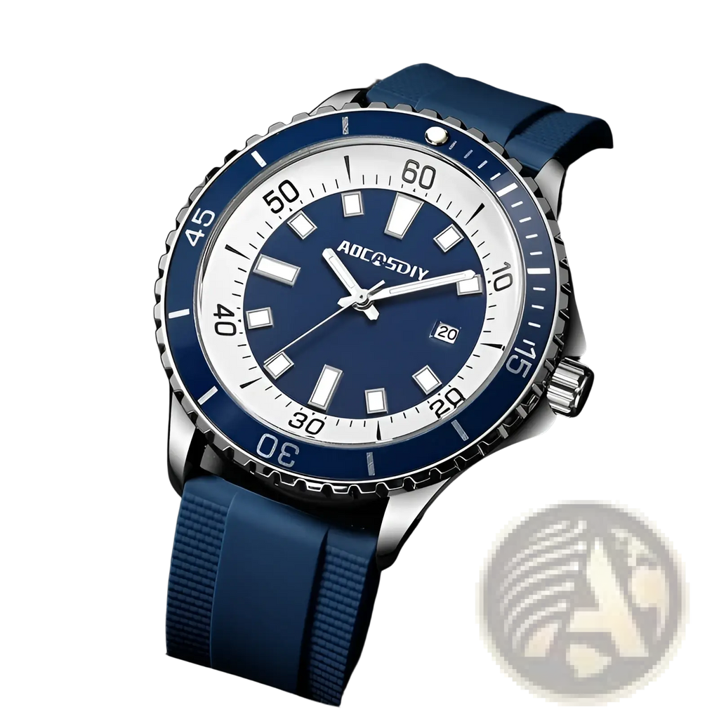 Blue and white aoc&sdi diver’s watch with stainless steel case blue rubber strap luminous hour markers in gold dive watch green silicone chronograph collection