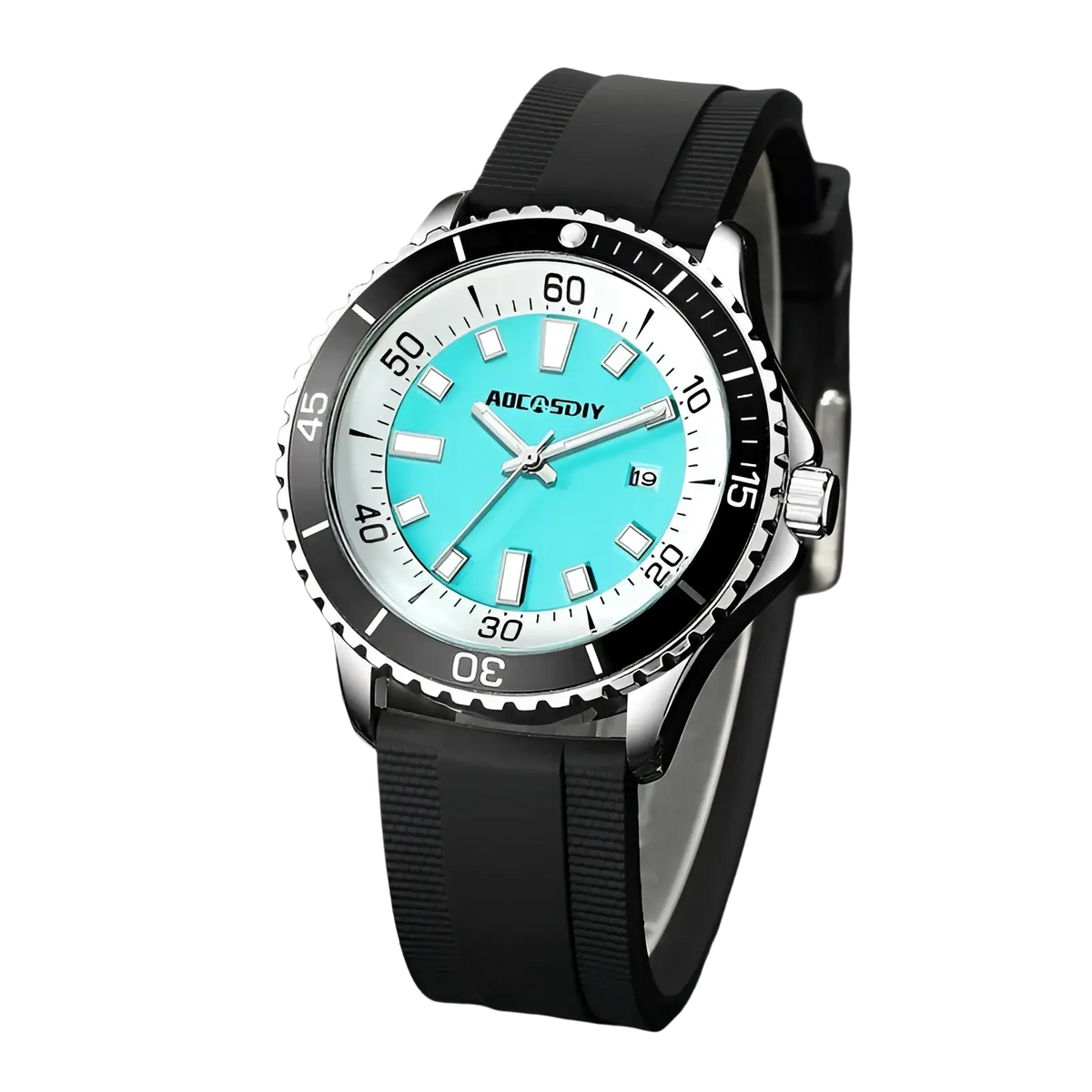 A sleek aoeqsdiy dive watch with a turquoise dial, silver case, black bezel markings, and black rubber strap