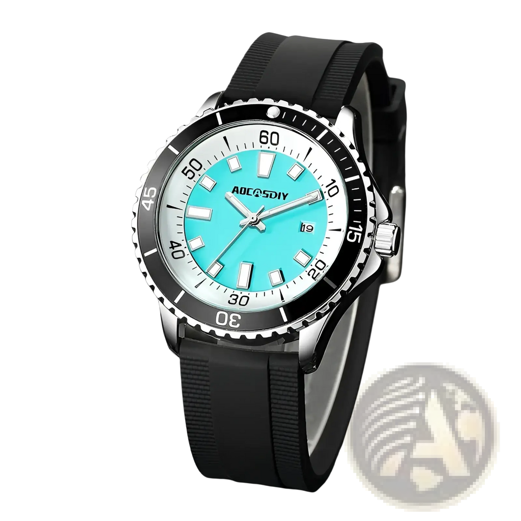 A sleek aoeqsdiy dive watch with a turquoise dial, silver case, black bezel markings, and black rubber strap