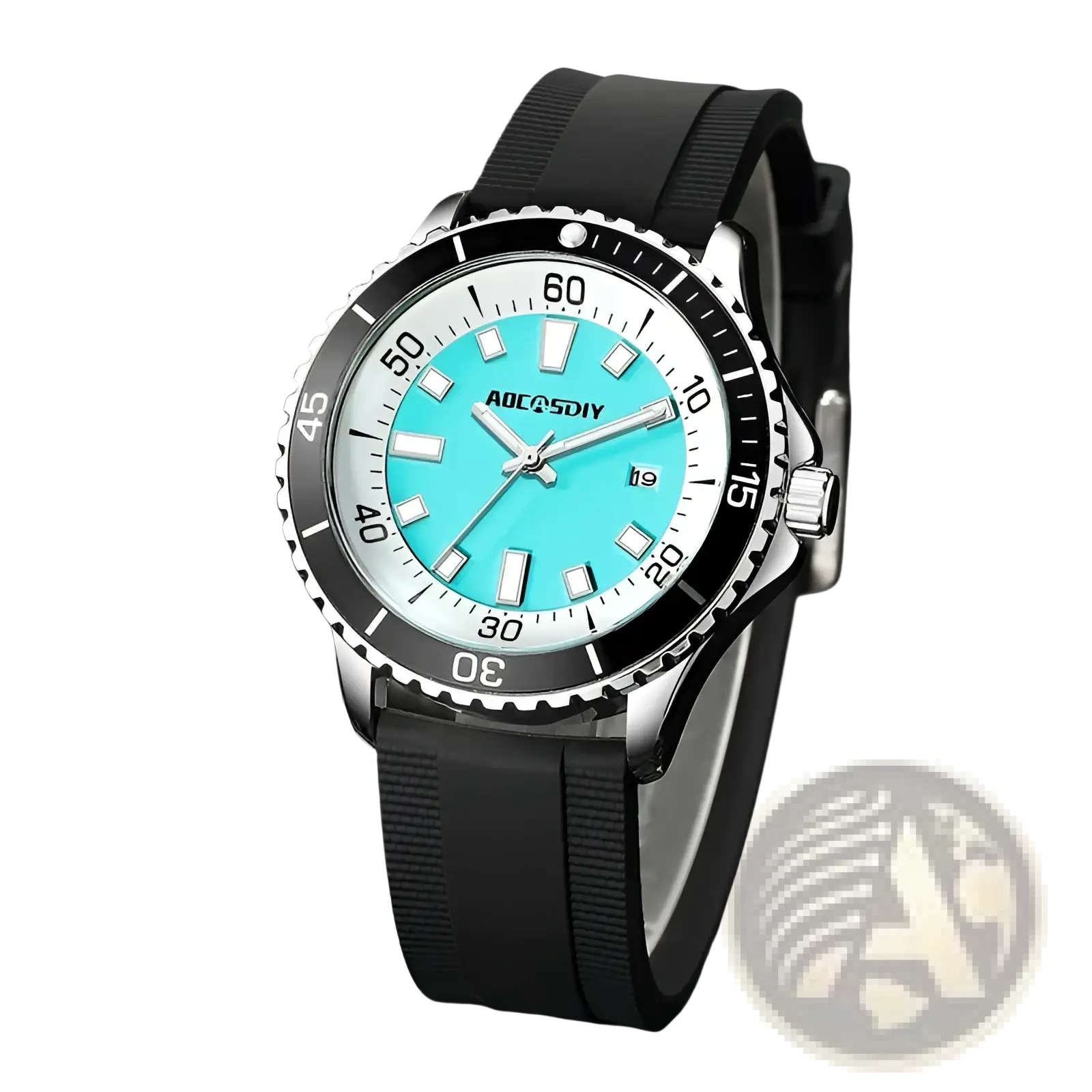 A sleek aoeqsdiy dive watch with a turquoise dial, silver case, black bezel markings, and black rubber strap