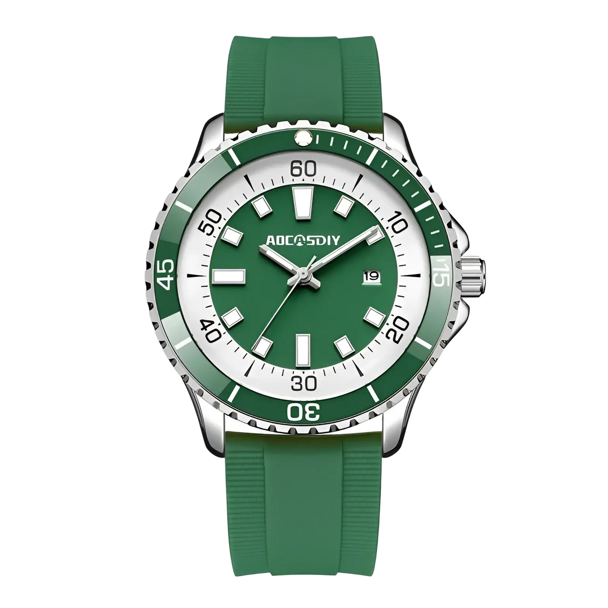 Gold dive watch green silicone chronograph featuring a sleek green and silver dial with bold white hour markers and rubber strap