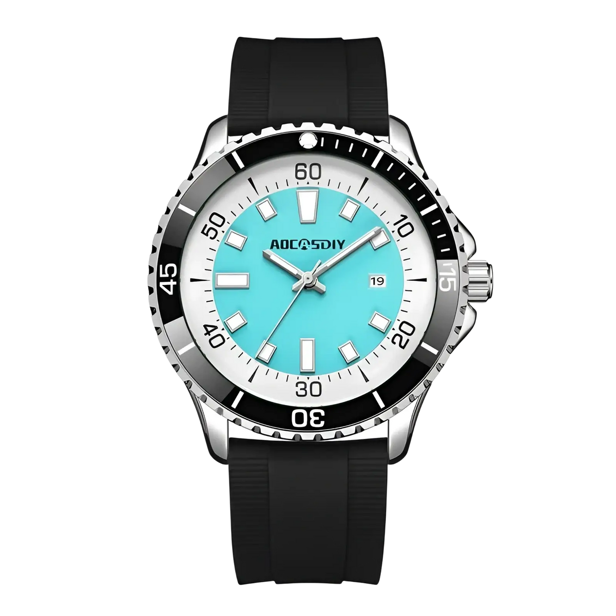 A sleek silver-toned dive watch with a turquoise dial and black rubber strap featuring a textured bezel for durability