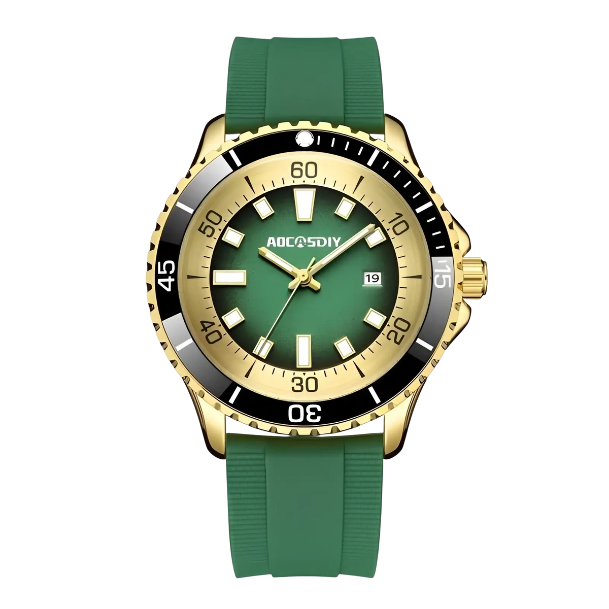 Gold dive watch with green silicone strap, gold-tone case, black bezel, and green dial with aocsdiy branding