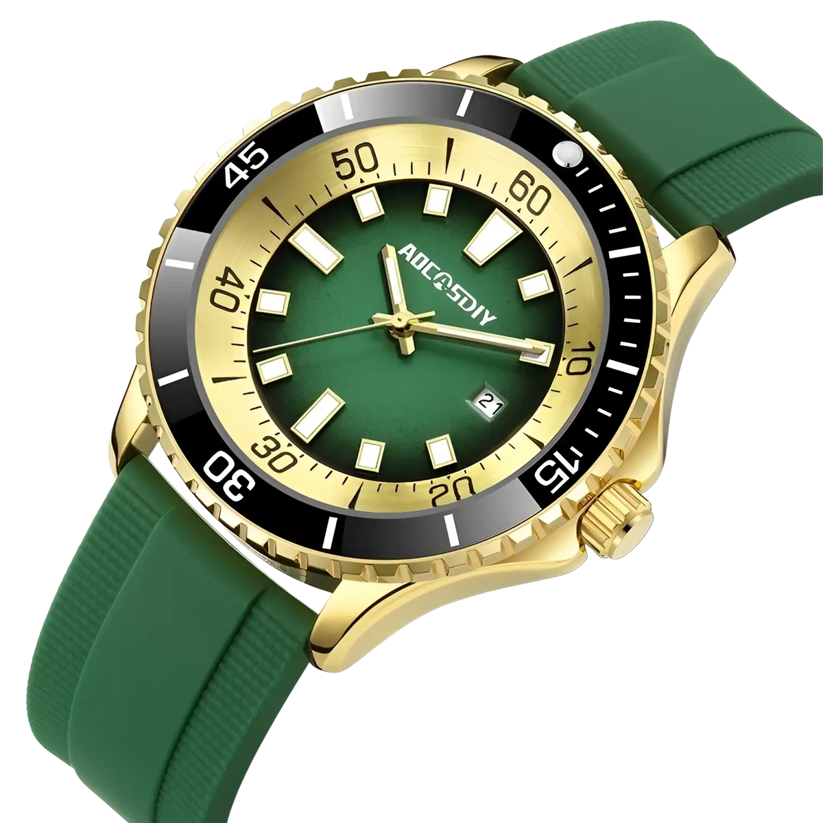 Gold dive watch with a green gradient dial, white hour markers, black bezel, and green silicone rubber strap