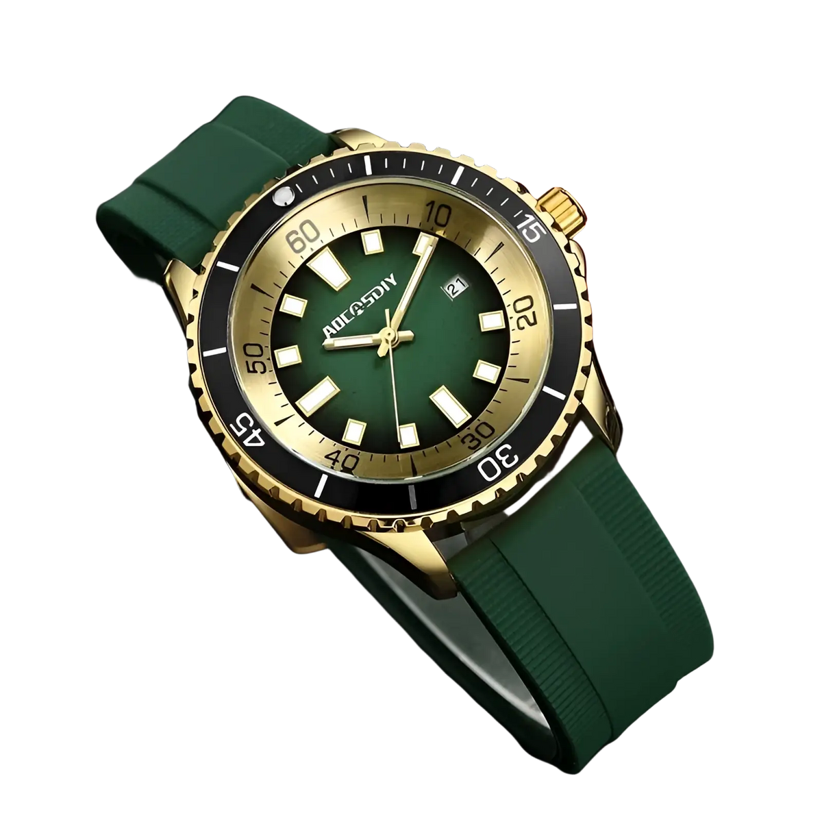 A gold dive watch with green dial, matching silicone strap, bold white hour markers, and black unidirectional bezel