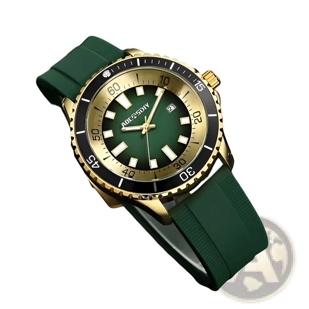 A gold dive watch with green dial, matching silicone strap, bold white hour markers, and black unidirectional bezel