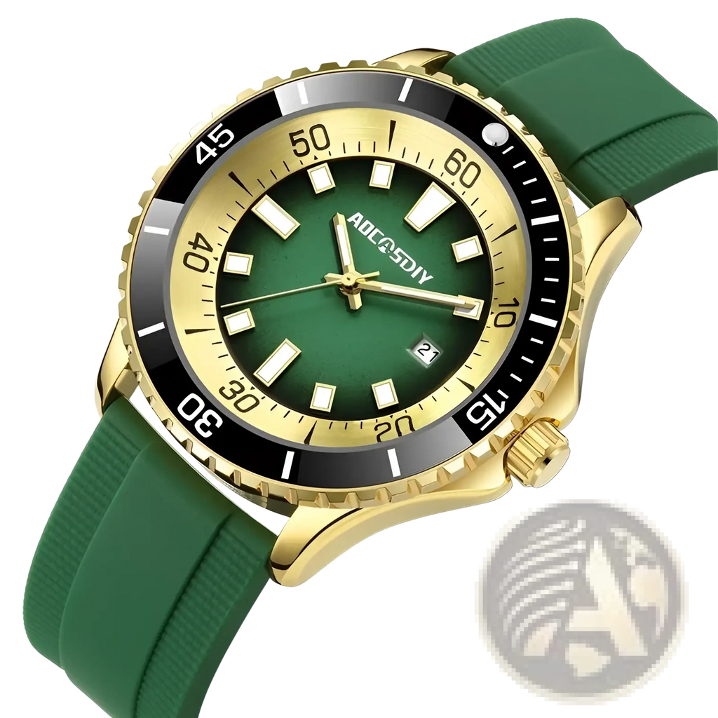 Gold dive watch with a green gradient dial, white hour markers, black bezel, and green silicone rubber strap