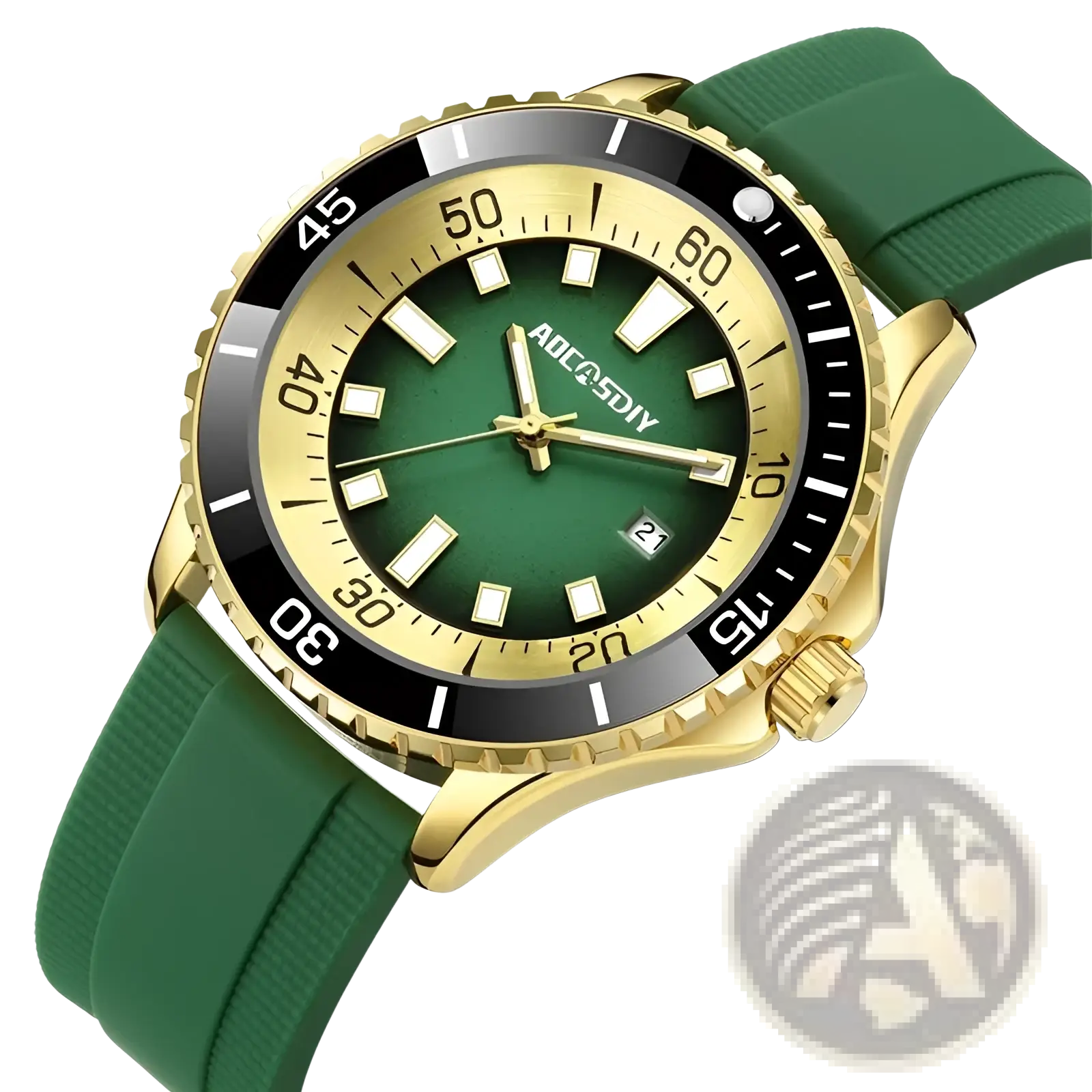 Gold dive watch with a green gradient dial, white hour markers, black bezel, and green silicone rubber strap