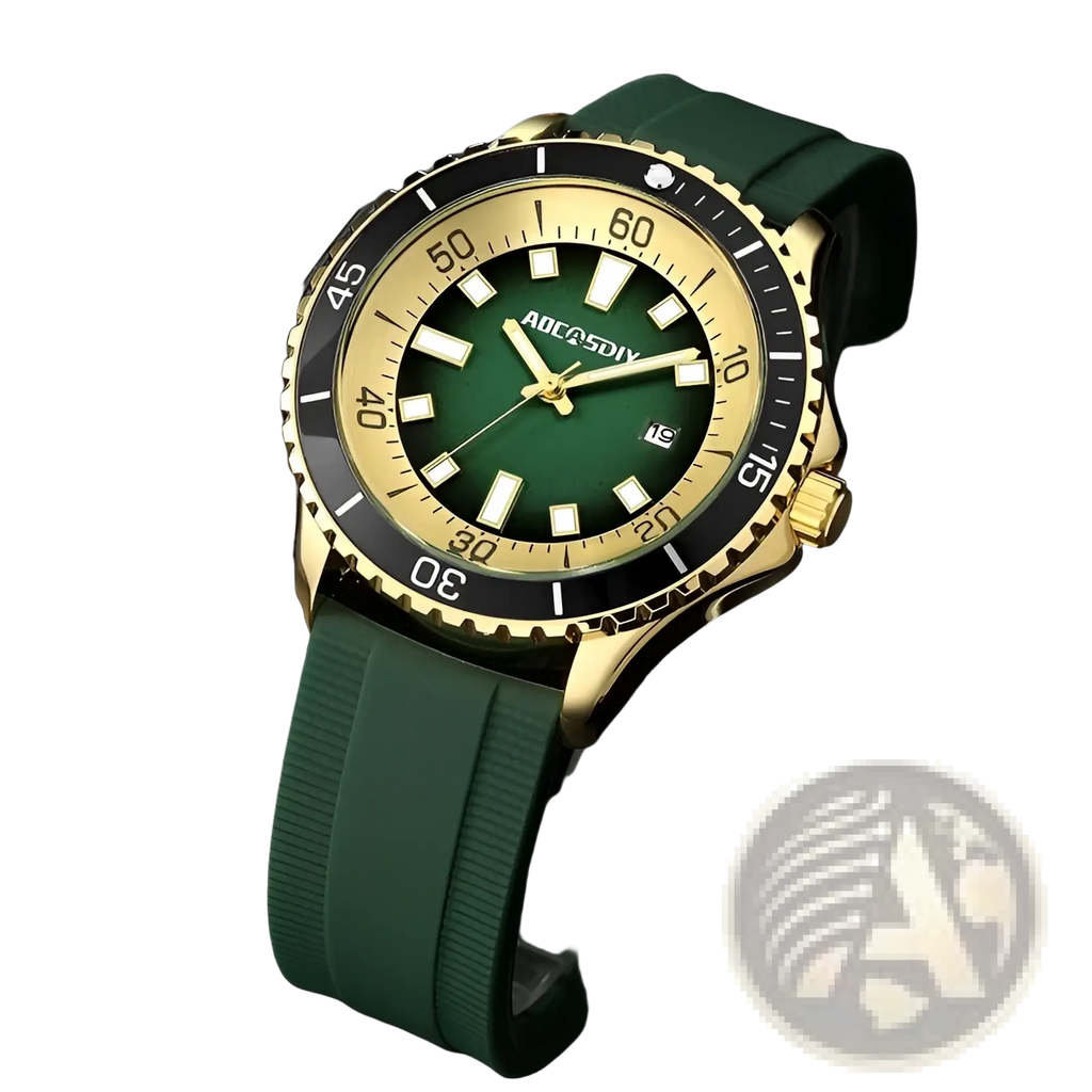 Gold-toned aocasdiy dive watch with green dial white rectangular hour markers and dark green silicone chronograph strap