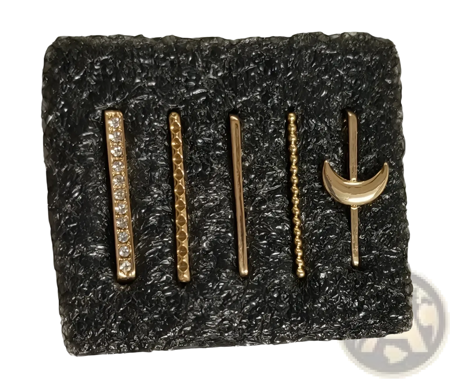 Set of five gold-toned bar-style earrings with pave stones textured patterns and crescent moon motif details