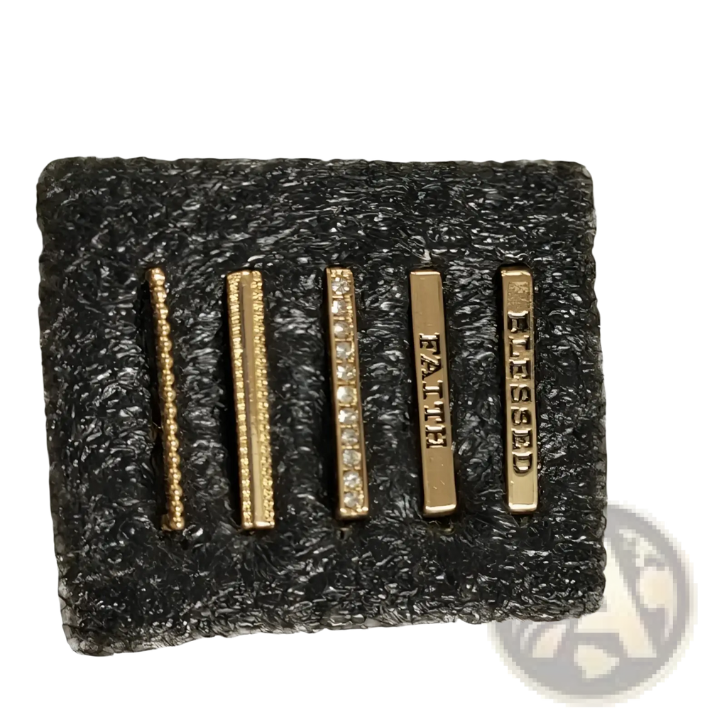 Set of five gold-toned rectangular bar earrings with beaded texture pave diamonds and engraved faith and blessed words