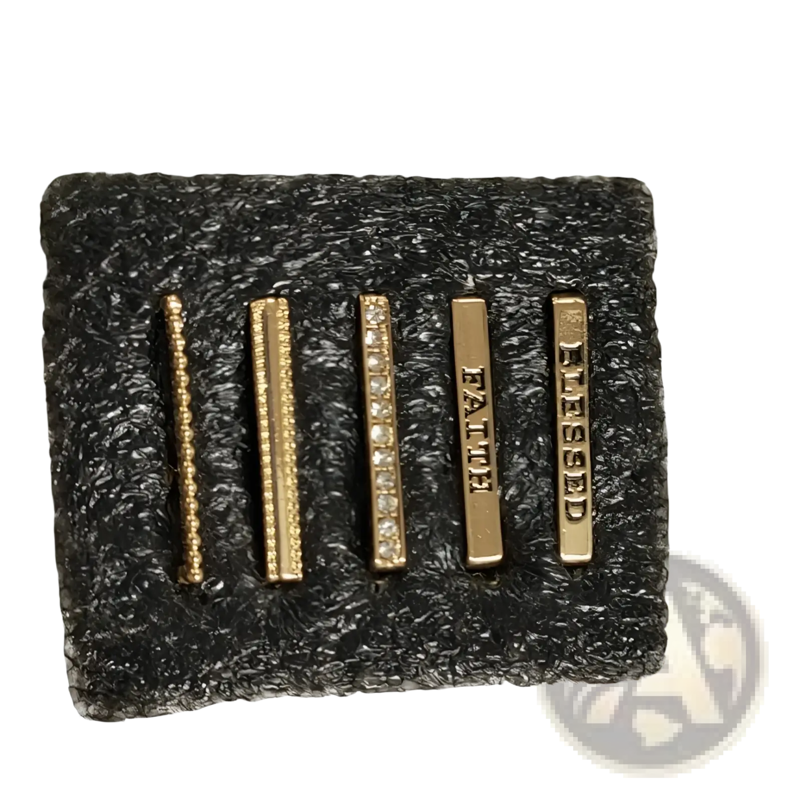 Set of five gold-toned rectangular bar earrings with beaded texture pave diamonds and engraved faith and blessed words