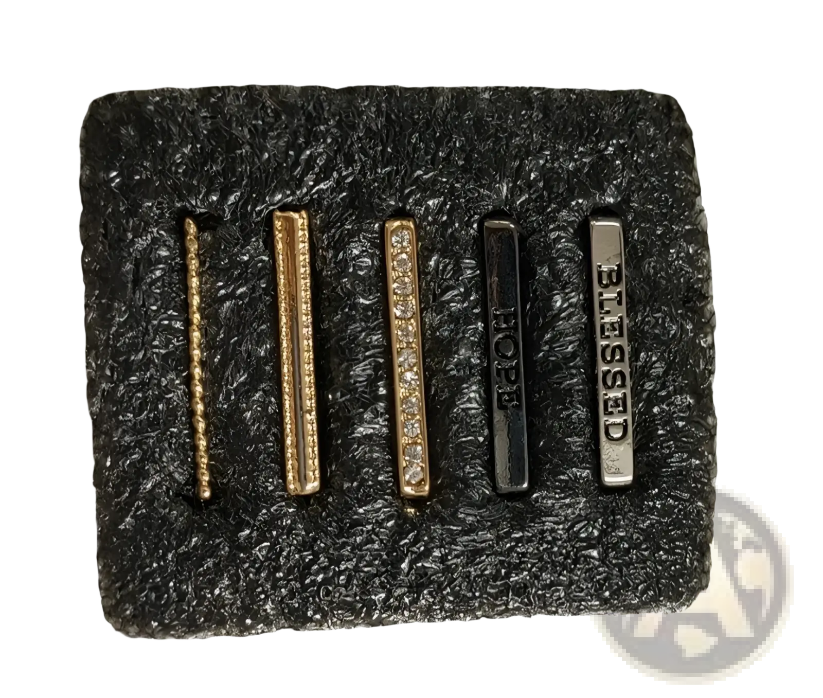 Set of five gold-toned and silver-toned bar earrings with clear stones for the gold embellished silicone strap decorative ring set